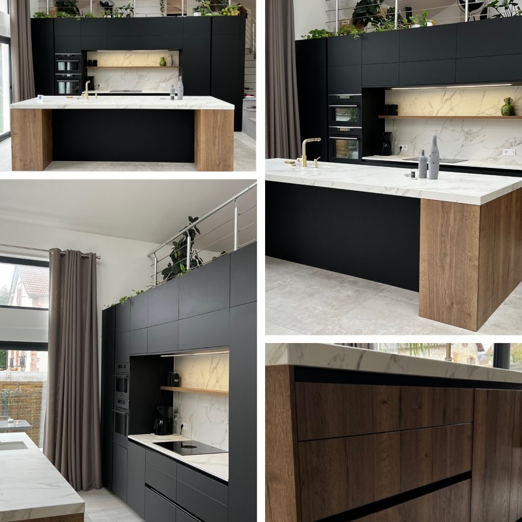 cuisine-moderne-noire-bois-ilot-marbre-ermont