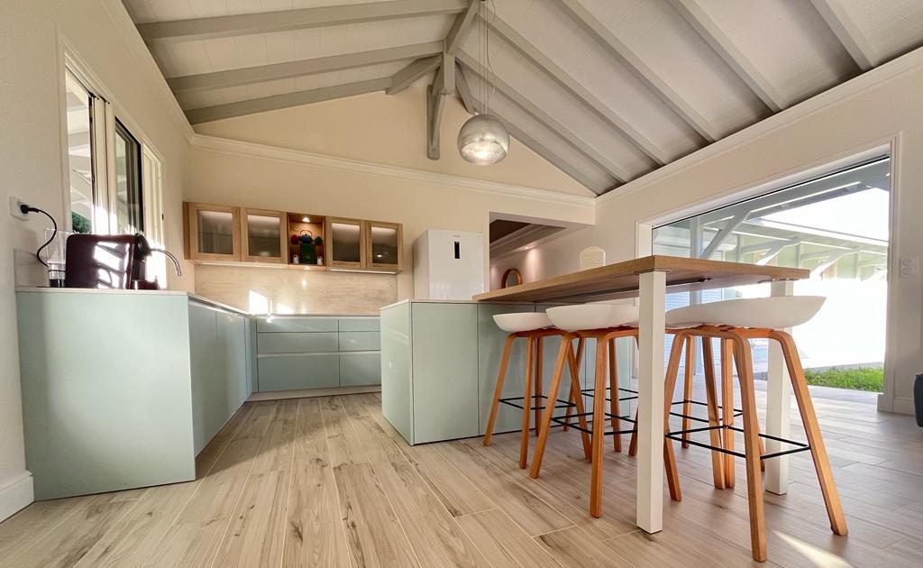 Cuisine ouverte scandinave bleue et bois