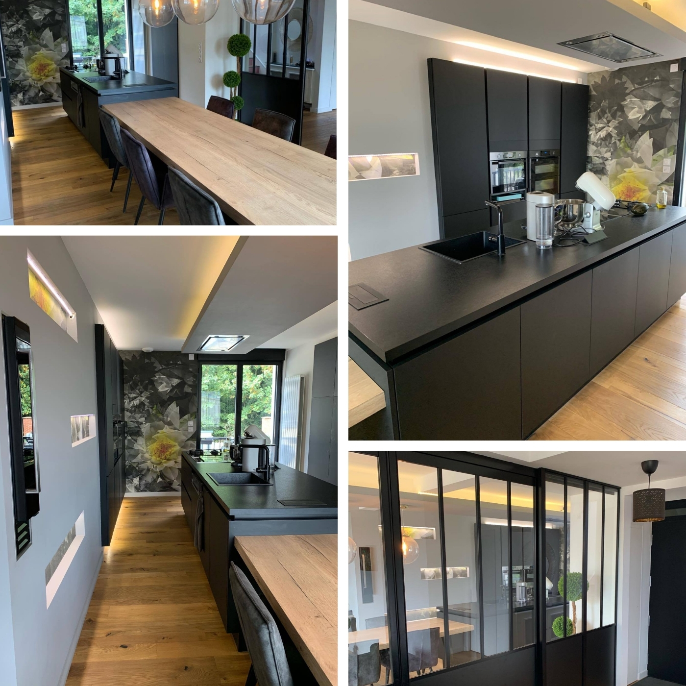 CUISINE MODERNE NOIRE AVEC ÎLOT CENTRAL ET PAPIER PEINT