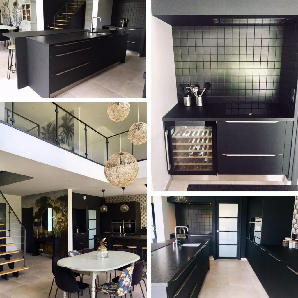 cuisine-moderne-noire-ilot-papier-peint-bayeux-home-deco-in