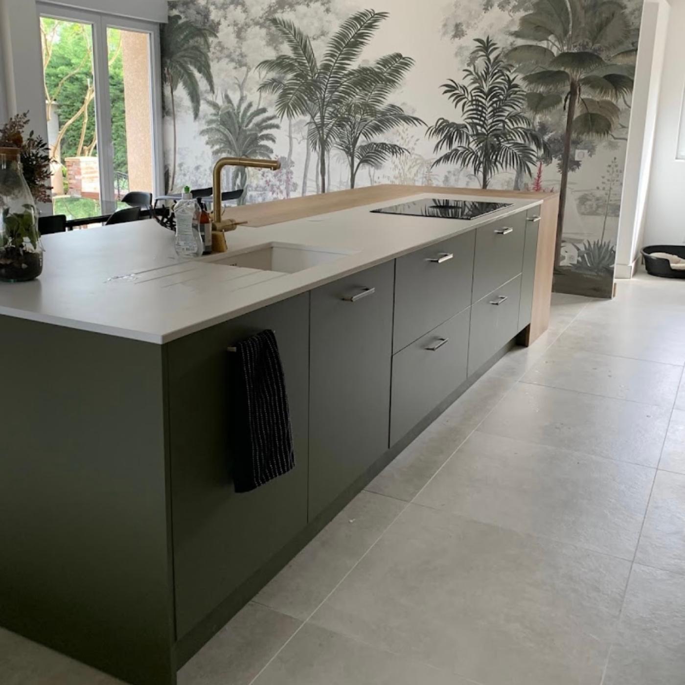 CUISINE NATURE KAKI AVEC PAPIER PEINT AMBIANCE NATURE