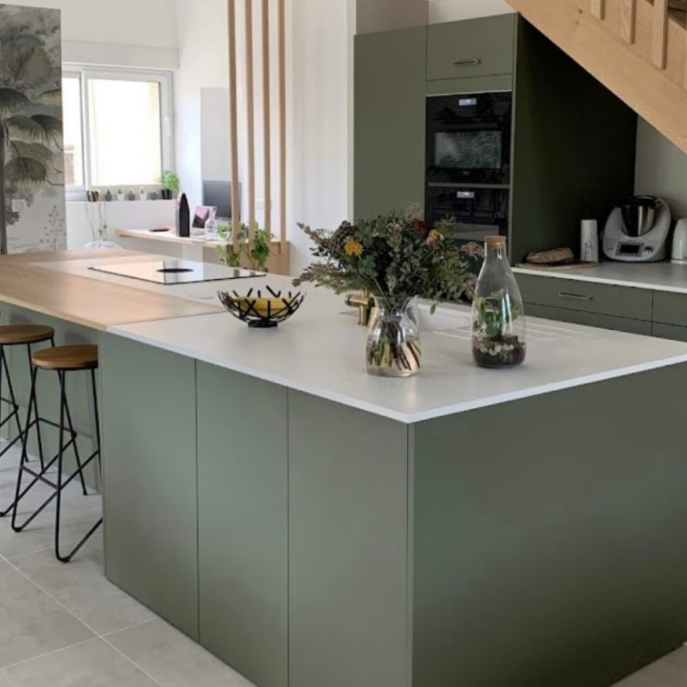 CUISINE NATURE KAKI AVEC PAPIER PEINT AMBIANCE NATURE