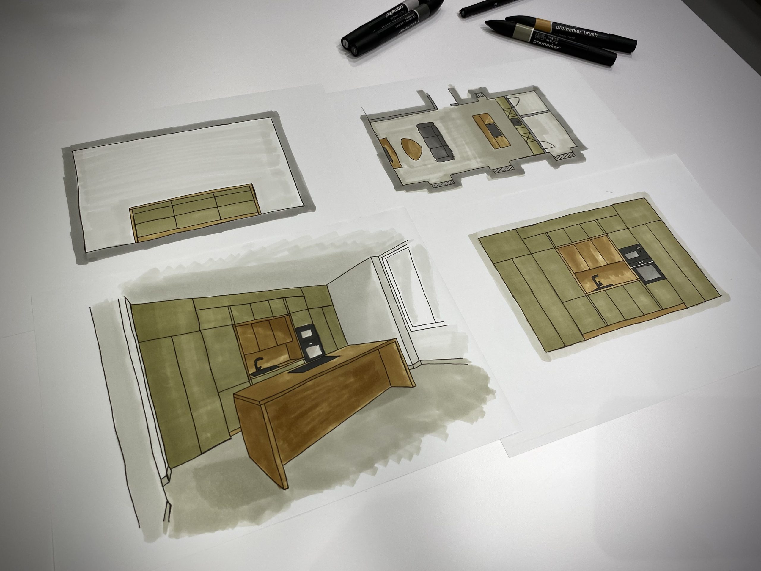 Cuisine verte kaki moderne avec îlot central bois