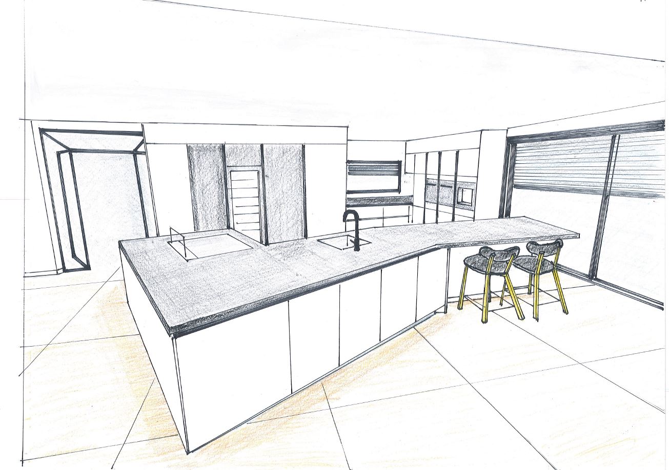 Cuisine moderne blanche avec grand ilot central