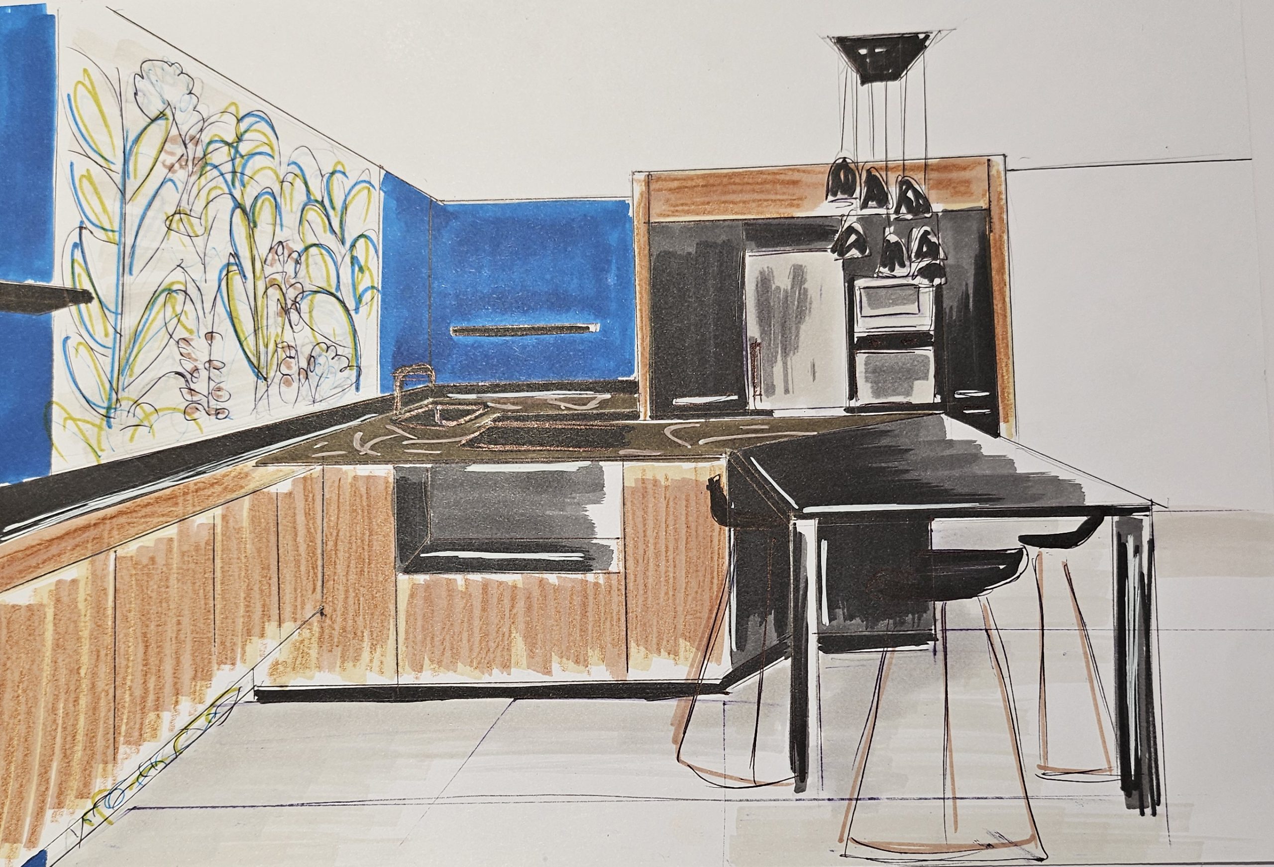 Cuisine moderne élégante avec papier-peint floral