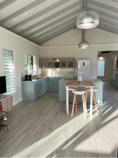 Cuisine ouverte scandinave bleue et bois