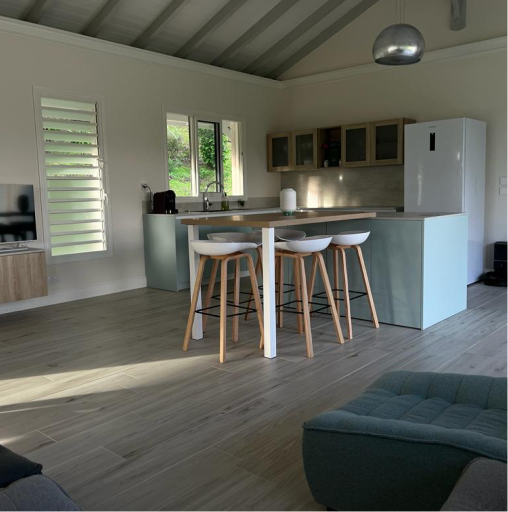 Cuisine ouverte scandinave bleue et bois