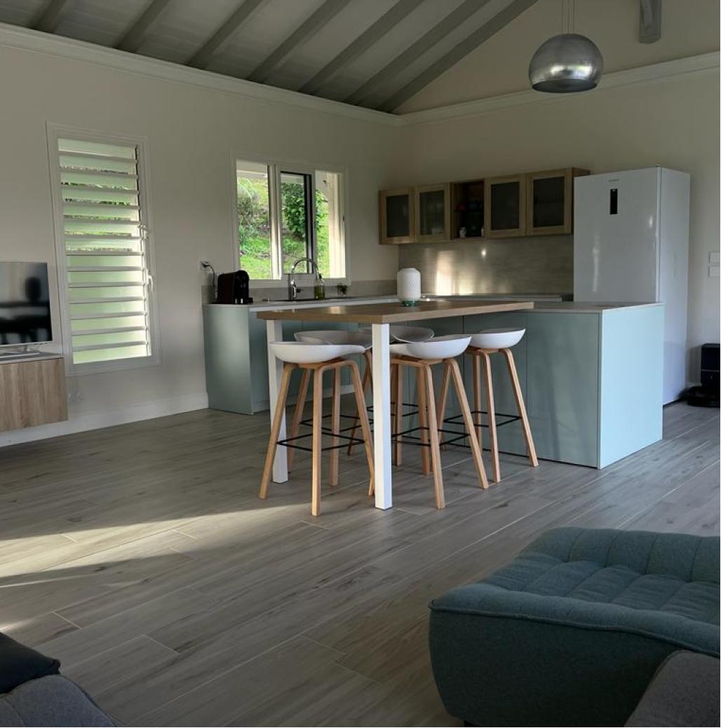 Cuisine ouverte scandinave bleue et bois