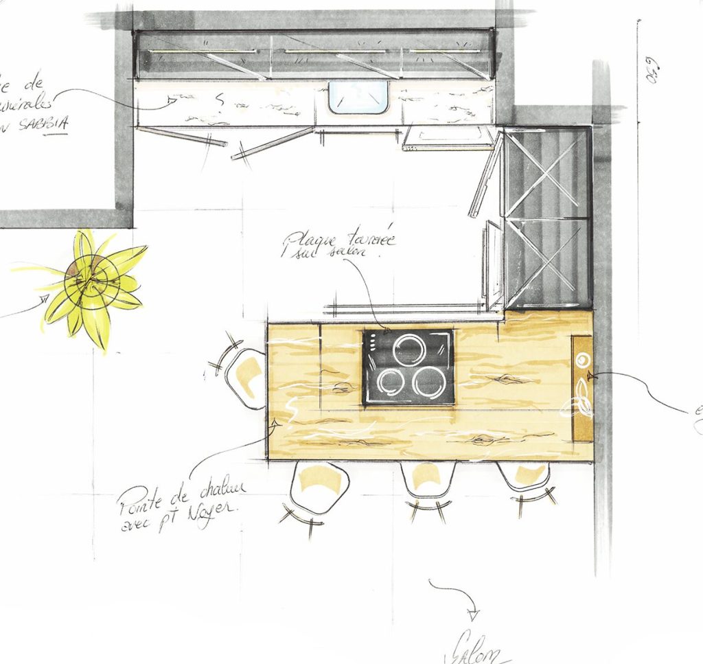 croquis-cuisine-moderne-noyer-Arthur-bonnet-Pérols