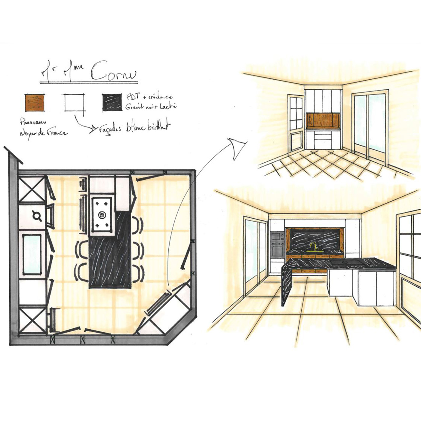 Cuisine contemporaine en bois & granit avec îlot