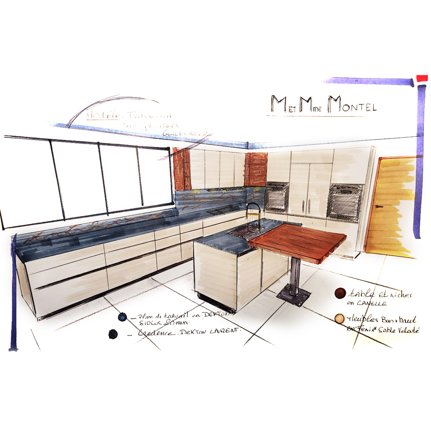 Cuisine contemporaine beige et bois avec îlot