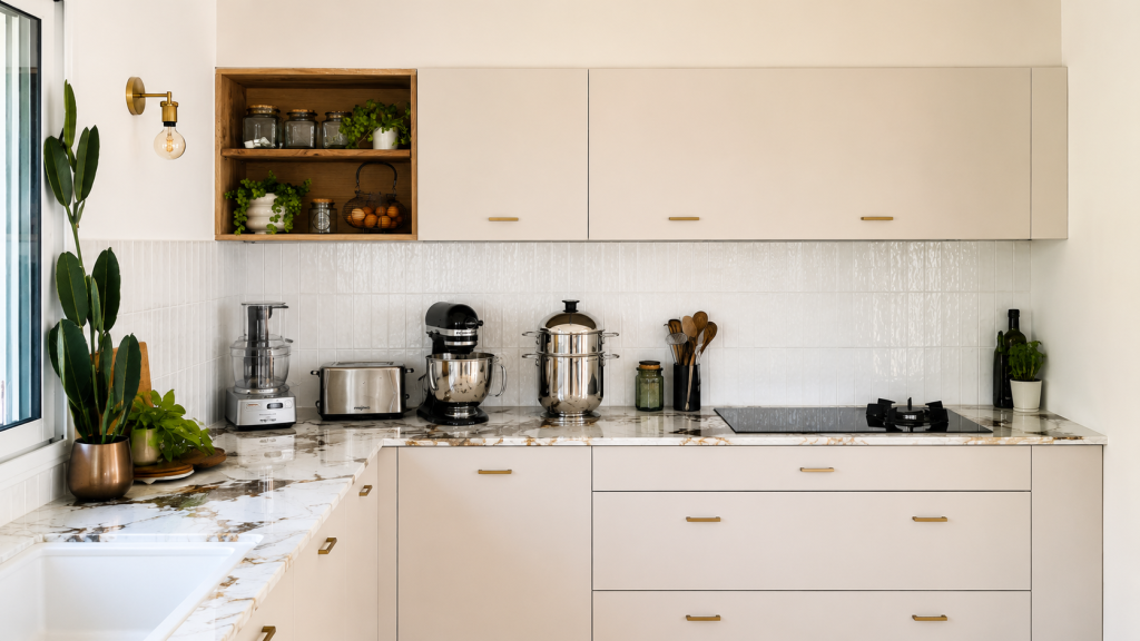 Cuisine beige et marbre élégante