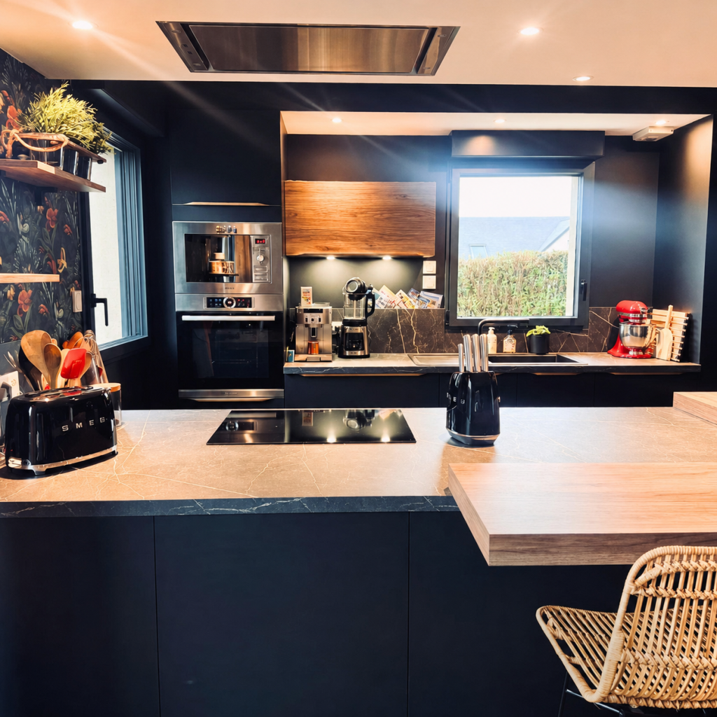 Cuisine design noire mate sublimée par le bois naturel